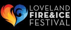 Heart-shaped logo with red flames making up the left side of the heart and blue ice making up the right side of the heart, text reads: Loveland Fire & Ice Festival